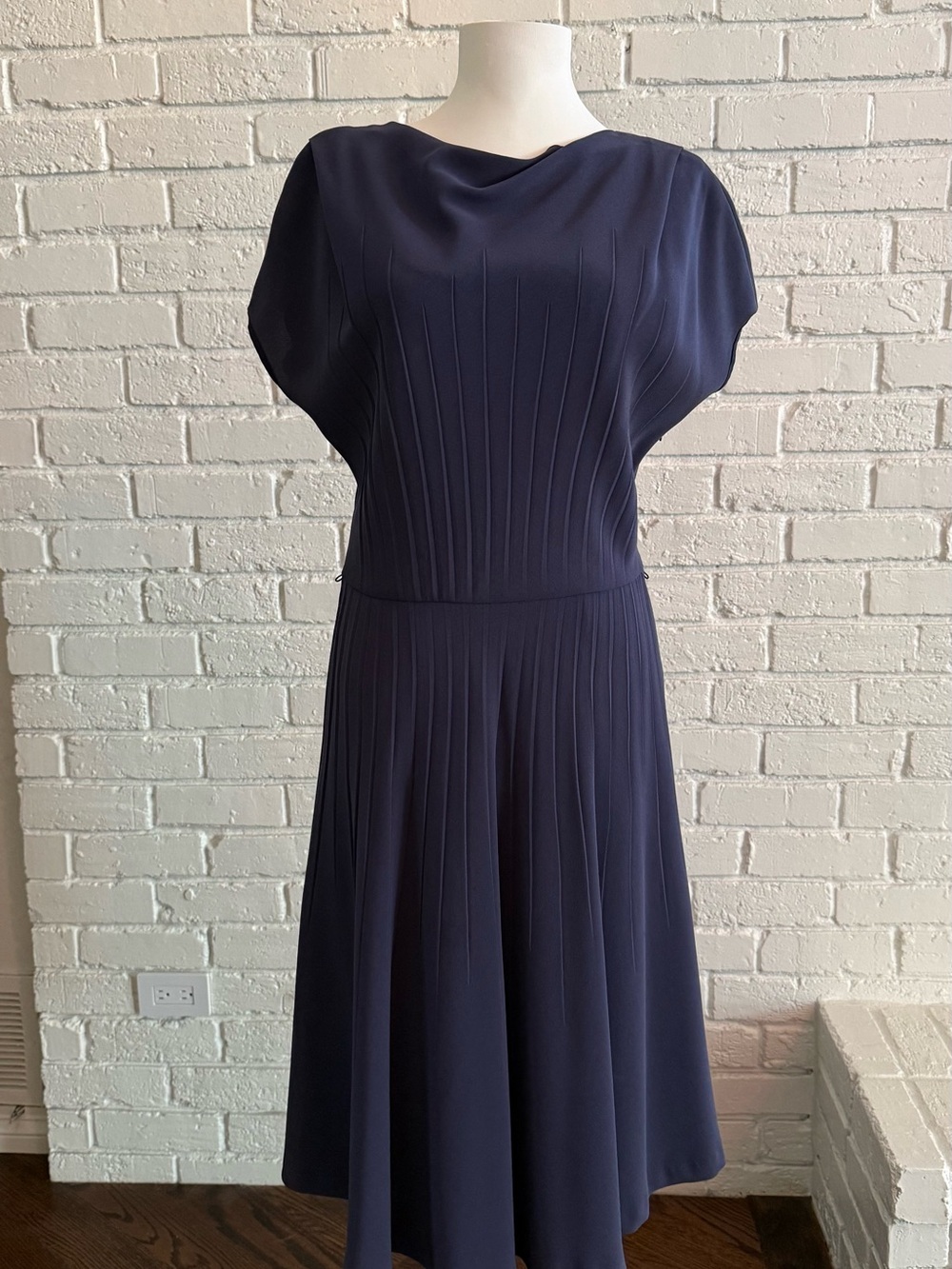 Escada Navy Pleated Fit-and-Flare Midi Dress - Size 40 (U.S. 10)